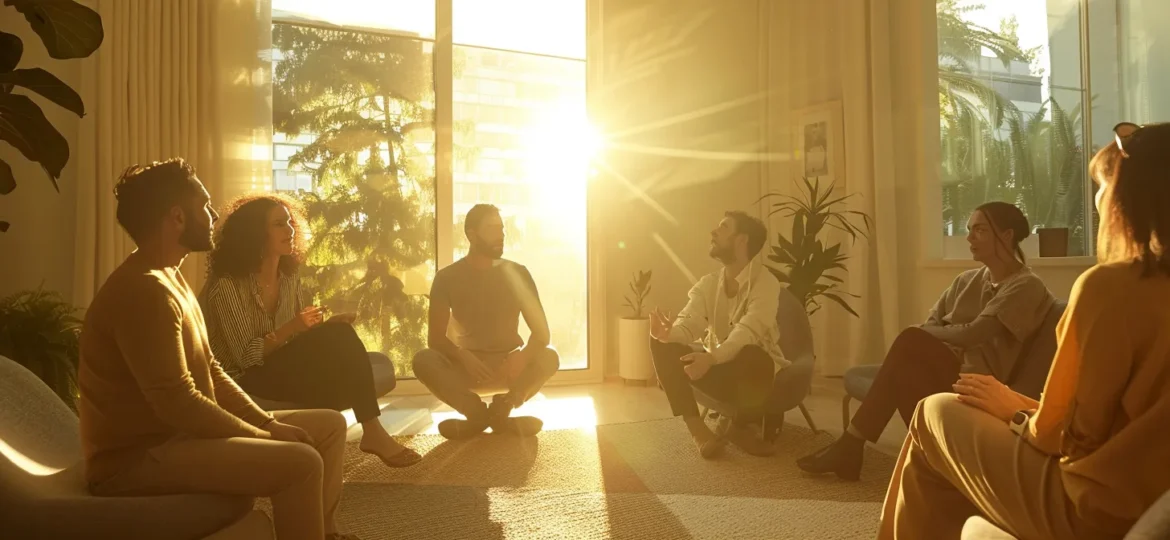 a group therapy session in a serene, sunlit room, with individuals sharing their stories and supporting each other on the journey to recovery.