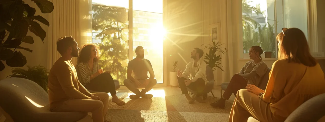 a group therapy session in a serene, sunlit room, with individuals sharing their stories and supporting each other on the journey to recovery.