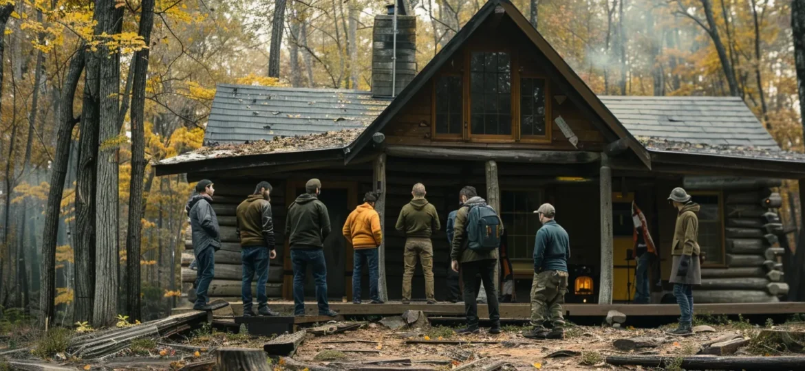 a group of men standing together outside a rustic cabin surrounded by nature, embodying strength and determination as they begin their journey towards sober living in arkansas.