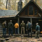 a group of men standing together outside a rustic cabin surrounded by nature, embodying strength and determination as they begin their journey towards sober living in arkansas.