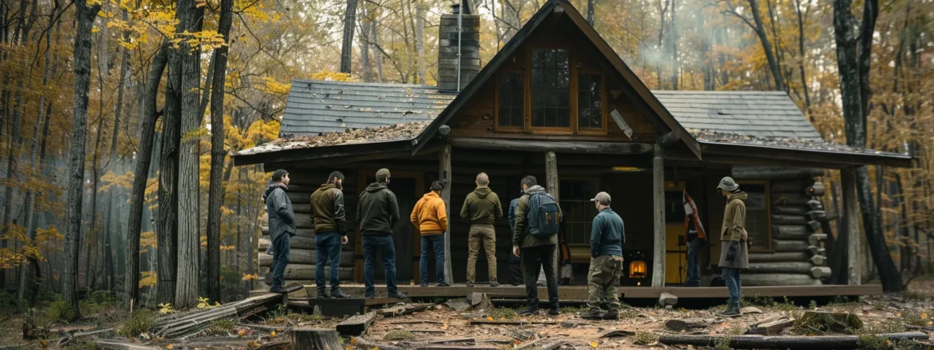 a group of men standing together outside a rustic cabin surrounded by nature, embodying strength and determination as they begin their journey towards sober living in arkansas.