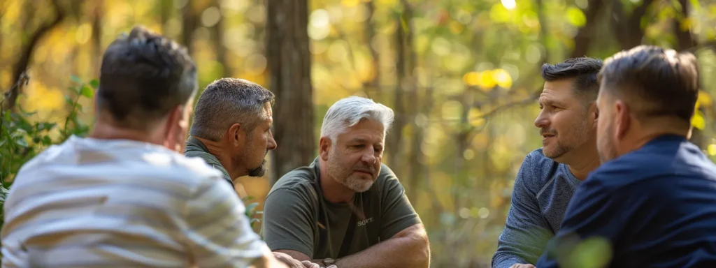 a group of men gather outdoors in the tranquil arkansas landscape, engaging in therapy sessions at a men-only sober living home, surrounded by nature and support on their journey to recovery.