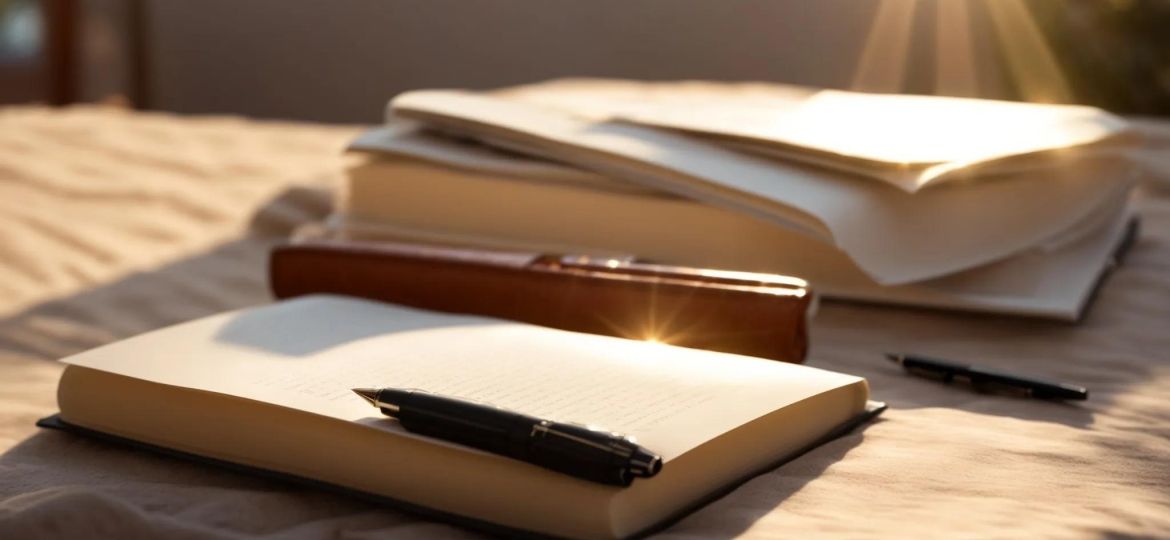 a serene, sunlit image of a tranquil space featuring a neatly arranged journal and pen, symbolizing reflection and the path to sober living success.