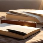 a serene, sunlit image of a tranquil space featuring a neatly arranged journal and pen, symbolizing reflection and the path to sober living success.