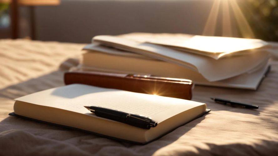 a serene, sunlit image of a tranquil space featuring a neatly arranged journal and pen, symbolizing reflection and the path to sober living success.