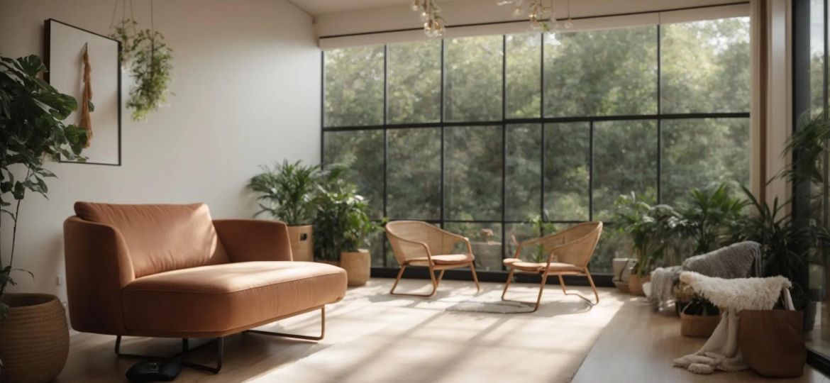 a tranquil therapy room bathed in soft natural light, featuring a plush armchair and calming artwork, symbolizing the journey of healing and understanding within addiction therapy.