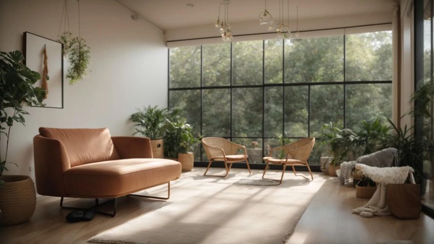 a tranquil therapy room bathed in soft natural light, featuring a plush armchair and calming artwork, symbolizing the journey of healing and understanding within addiction therapy.