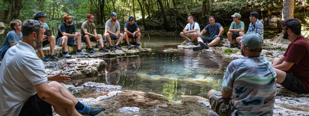 a group of men engaging in a supportive group therapy session surrounded by the serene beauty of hot springs national park at arkansas' premier sober living homes.