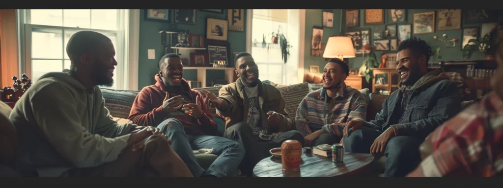 in a cozy living room, a group of men share hearty laughter and triumphant smiles, surrounded by uplifting messages of encouragement and framed achievements, embodying a supportive and transformative sober living environment.