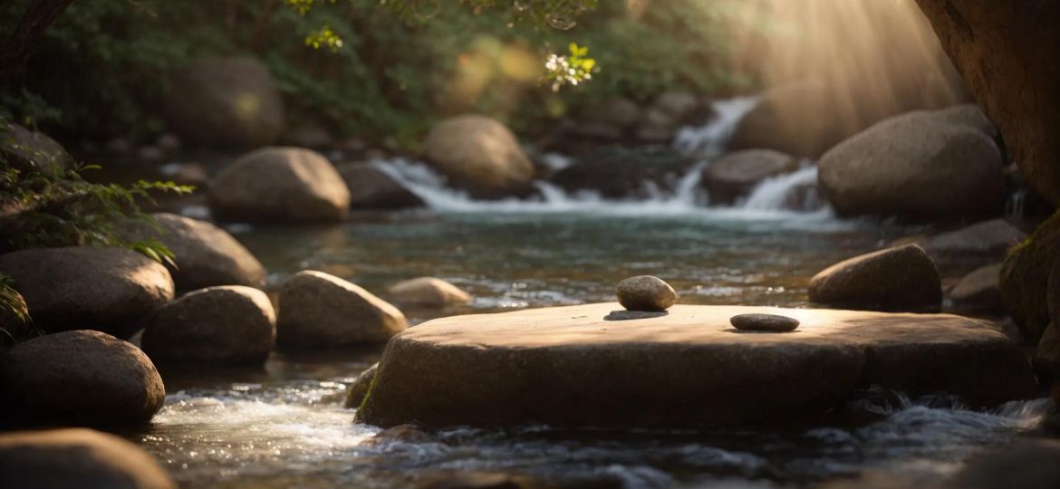 a serene meditation space filled with soft, warm light, featuring tranquil elements like smooth stones and gentle flowing water, invites a deep sense of inner peace and healing.