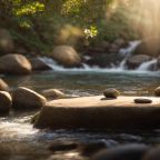 a serene meditation space filled with soft, warm light, featuring tranquil elements like smooth stones and gentle flowing water, invites a deep sense of inner peace and healing.