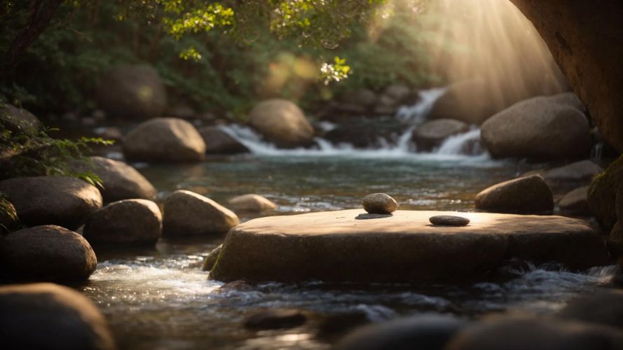 a serene meditation space filled with soft, warm light, featuring tranquil elements like smooth stones and gentle flowing water, invites a deep sense of inner peace and healing.