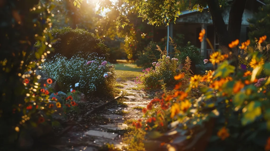 a serene and inviting sober living environment in hot springs, arkansas, bathed in warm sunlight and featuring a peaceful garden path lined with vibrant flowers, symbolizing the journey of recovery and personal growth.