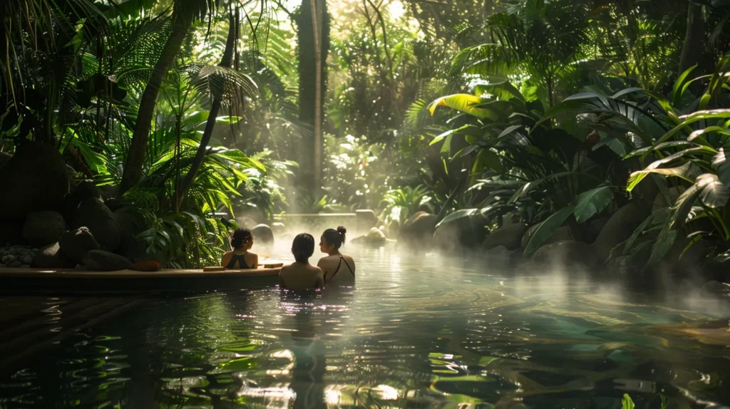 a serene hot spring scene captures the essence of recovery, with individuals engaging in reflective conversation amidst lush greenery, emphasizing the transformative power of community and healthy habits in a peaceful, rejuvenating environment.