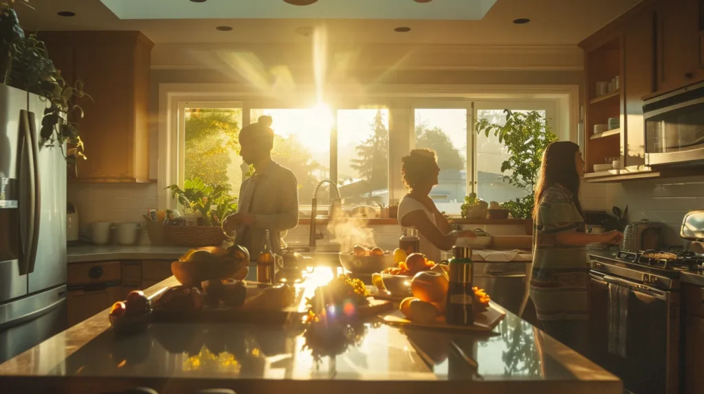 a serene morning scene captures a sunlit kitchen where a diverse group of individuals shares a vibrant, healthy breakfast, symbolizing the essence of community, nutrition, and mindful living in sober recovery.