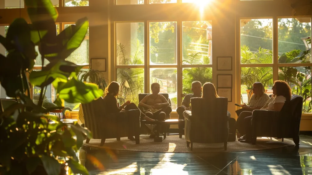 a serene setting depicts a diverse group of individuals engaged in a heartfelt discussion within a sunlit rehab center in hot springs, arkansas, symbolizing the strength and unity of supportive peer relationships in sober living.