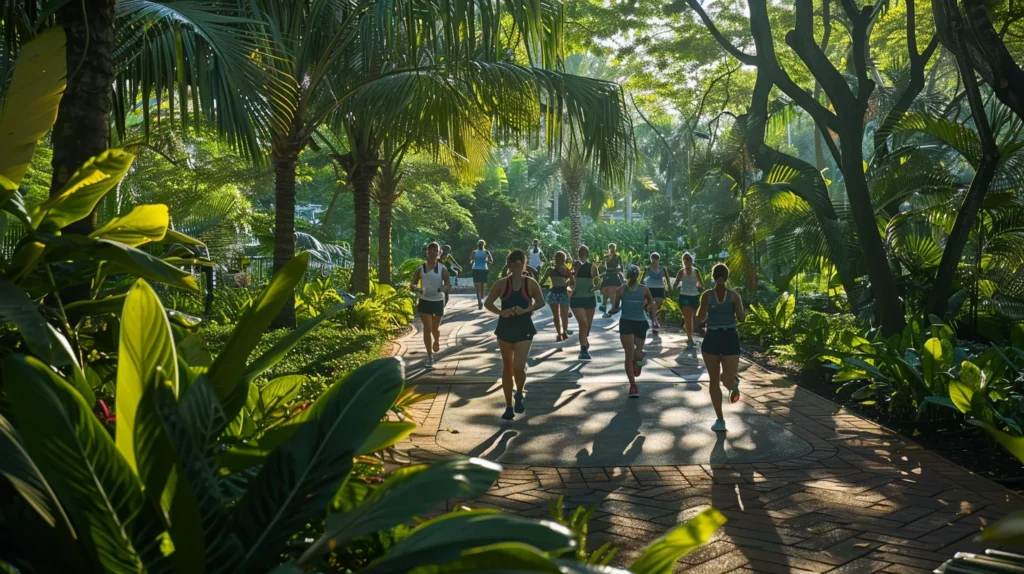 a vibrant scene captures a diverse group of individuals engaged in a lively outdoor fitness class surrounded by lush greenery, symbolizing the empowerment and community built through healthy living resources in a rehabilitation journey.