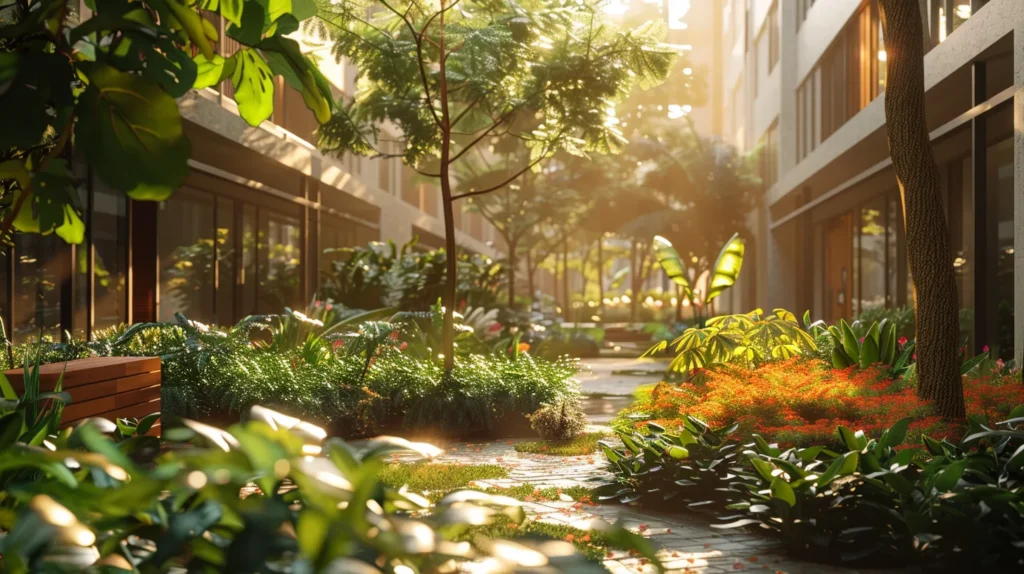 an inspiring scene showcasing a serene rehab center garden, bathed in soft morning light, where residents joyfully celebrate their small victories, surrounded by vibrant plants symbolizing growth and renewal.