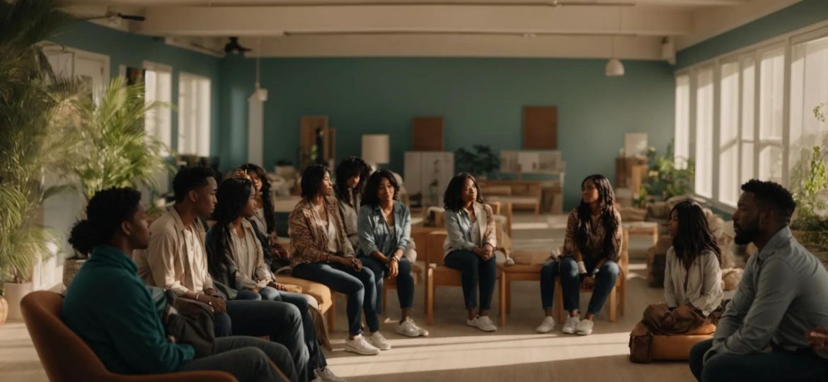 a bright, sunlit room filled with individuals engaged in heartfelt discussions, symbolizing the journey of overcoming denial at sozo recovery center.