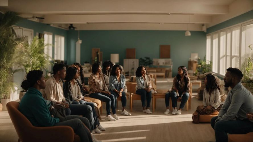 a bright, sunlit room filled with individuals engaged in heartfelt discussions, symbolizing the journey of overcoming denial at sozo recovery center.