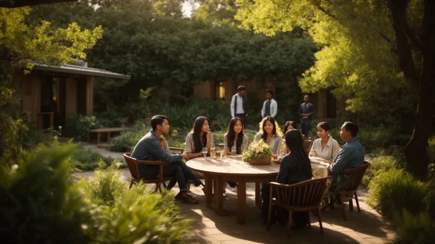 a serene atmosphere envelops a group of individuals in a sunlit garden, engaged in heartfelt conversations, embodying the transformative power of faith-based rehabilitation.