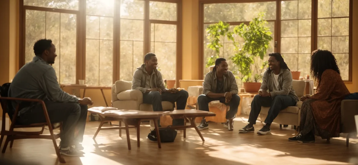 a warm, inviting scene of a diverse group of individuals sharing stories and laughter in a sunlit recovery center, symbolizing the strength of community support in long-term healing.