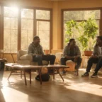 a warm, inviting scene of a diverse group of individuals sharing stories and laughter in a sunlit recovery center, symbolizing the strength of community support in long-term healing.