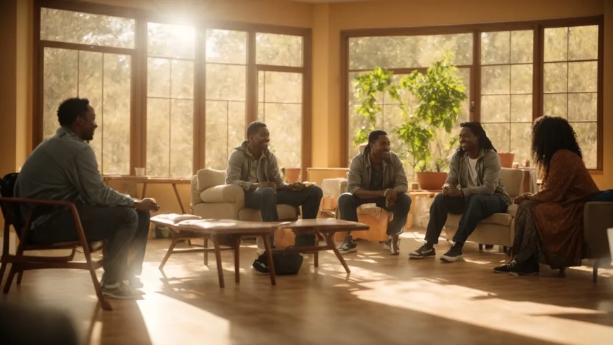 a warm, inviting scene of a diverse group of individuals sharing stories and laughter in a sunlit recovery center, symbolizing the strength of community support in long-term healing.