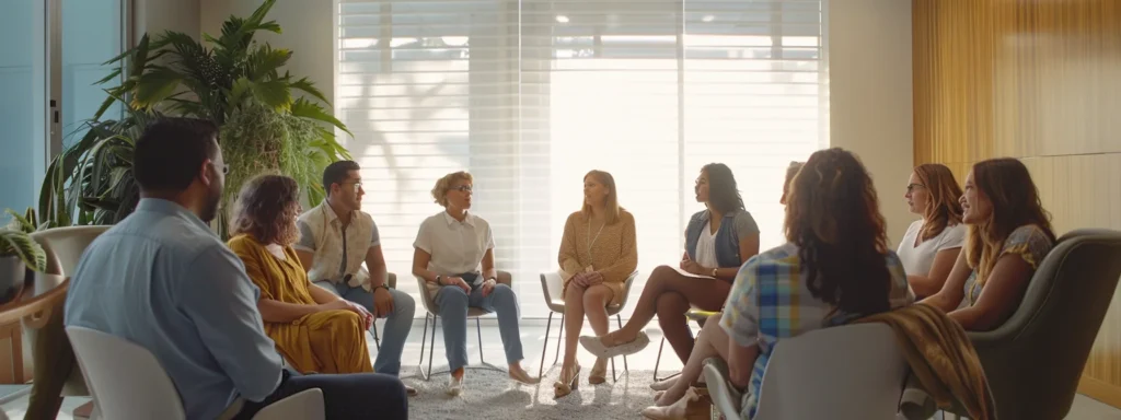a dynamic, well-lit consultation room showcases a diverse group of professionals—therapists, nutritionists, and life coaches—engaged in an animated discussion, symbolizing a collaborative approach to recovery and personal growth.