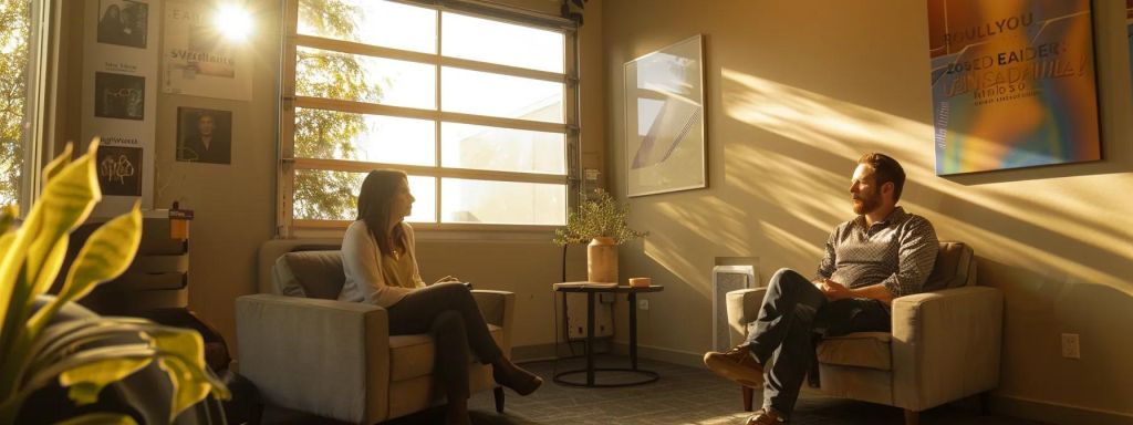 a focused therapist engages in a personalized session with a client in a modern, well-lit recovery center office, surrounded by motivational posters and equipped with comfortable seating, symbolizing the tailored and supportive approaches of sozo recovery center for sustainable recovery.