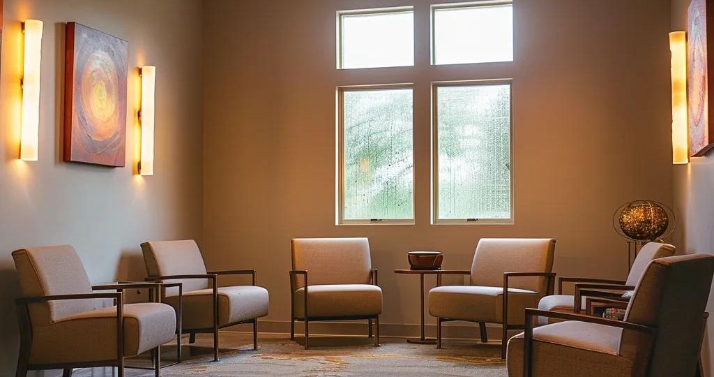 a serene, inviting counseling room in an arkansas recovery center, featuring warm lighting, comfortable seating, and emotionally resonant artwork that reflects the theme of healing and personal transformation.