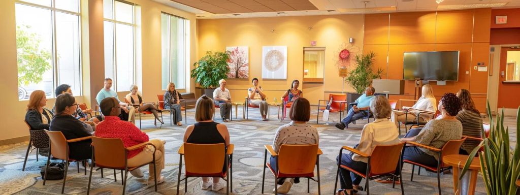 a vibrant, modern community center setting filled with diverse individuals engaged in an uplifting group therapy session, emphasizing shared beliefs and mutual support, illuminated by warm, inviting lighting that fosters a sense of belonging and hope.