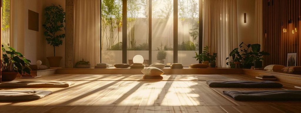 an immersive indoor setting at a serene recovery center, featuring a tranquil meditation room with soft ambient lighting, where individuals engage in guided meditation, reflecting a journey of spiritual resilience and inner strength against addiction challenges.