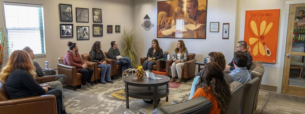 an inspiring recovery group session takes place in a warmly lit, modern meeting room at the sozo recovery center in arkansas, showcasing individuals engaged in heartfelt discussion, surrounded by biblical texts and comforting decor that reflects a blend of clinical and spiritual healing.
