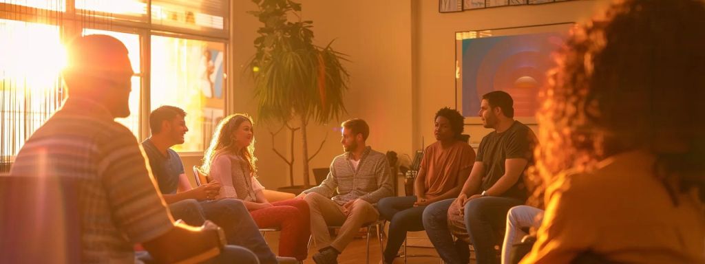 an inviting, well-lit community center room filled with diverse individuals engaged in an animated group therapy session, showcasing a sense of unity and collaboration in the recovery process.