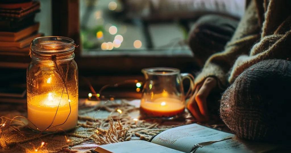 Cozy space with journal and candle, representing daily spiritual practices for sobriety