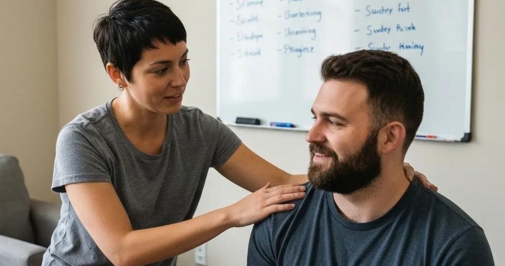 Two residents in a sober living home demonstrating peer support and encouragement in recovery