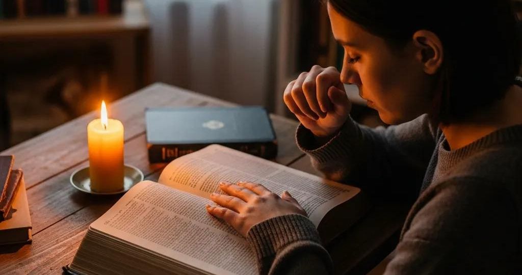Individual in prayer and Bible study, highlighting the importance of spiritual practices in addiction recovery