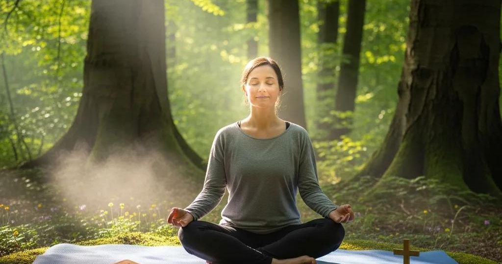 Individual meditating in nature, symbolizing spiritual healing and connection in recovery