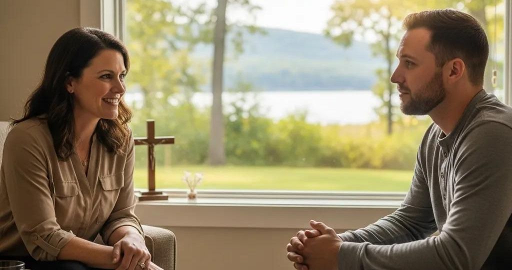 Counselor and client in a faith-based counseling session for opioid recovery