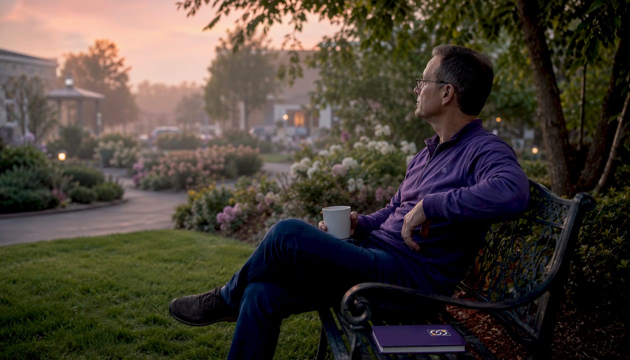 Man sitting thoughtfully in courtyard garden