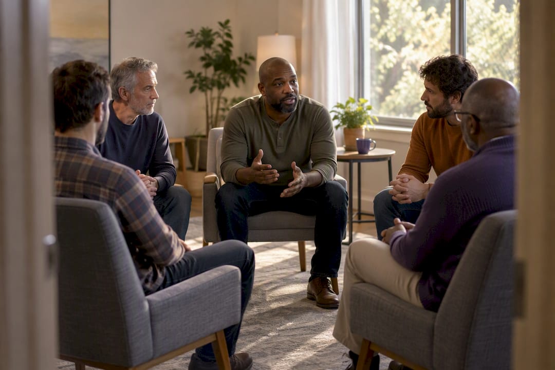Men participating in a peer recovery circle